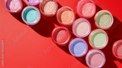 Fashion and shopping concept pastel colors eyeshadows and highlighter on red background