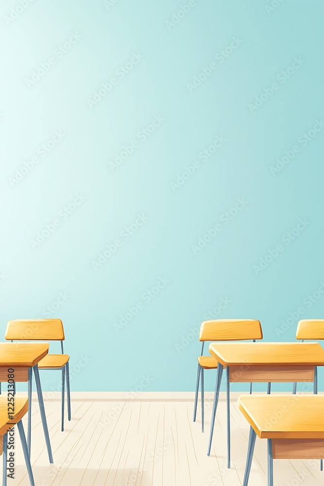 Obraz Empty Classroom with Blue Wall and Wooden Desks