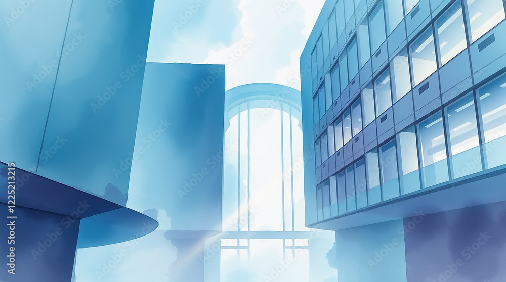 Obraz premium Architecture painted with watercolor in metamodernist style. Blue abstract painting of a business building