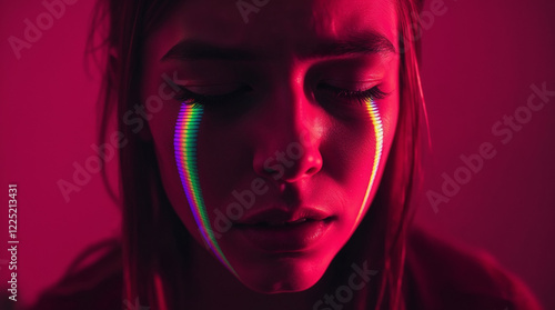 Sad young girl crying with rainbow. Metamodernist style wallpaper dedicated to frustration and emotions