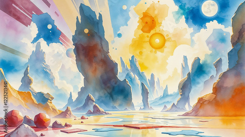 Watercolor painting of a surreal landscape painted in metemodernism style on canvas photo