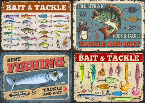 Vintage fishing tackle and bait signage collection