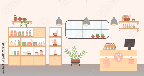 Cosmetics store design interior with shelves and racks display showcasing hygiene beauty products