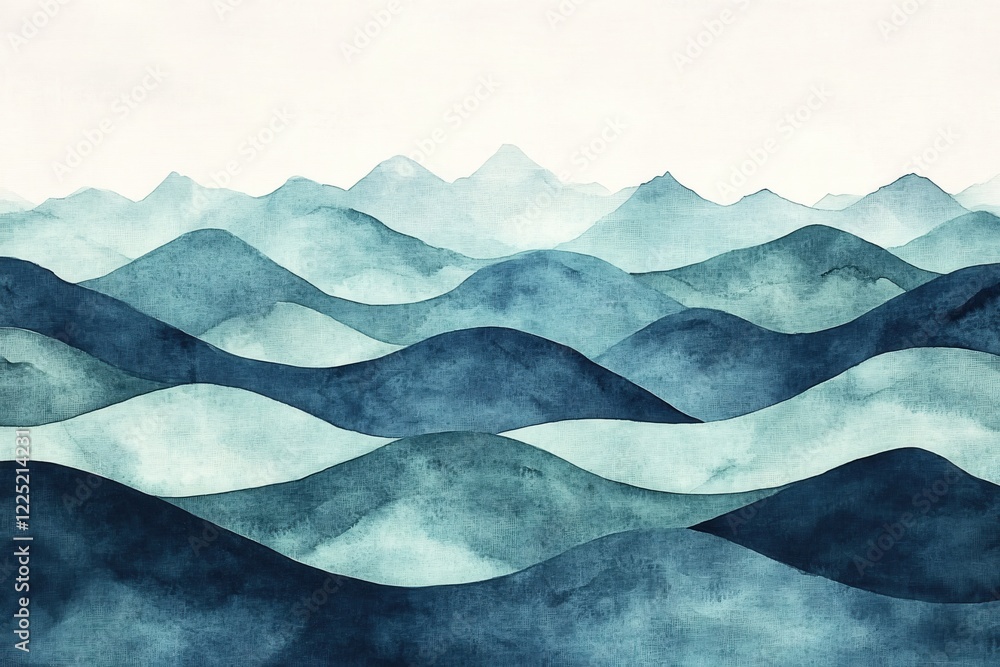 custom made wallpaper toronto digitalWatercolor Mountain Range in Shades of Blue and Teal with a Textured Canvas Background