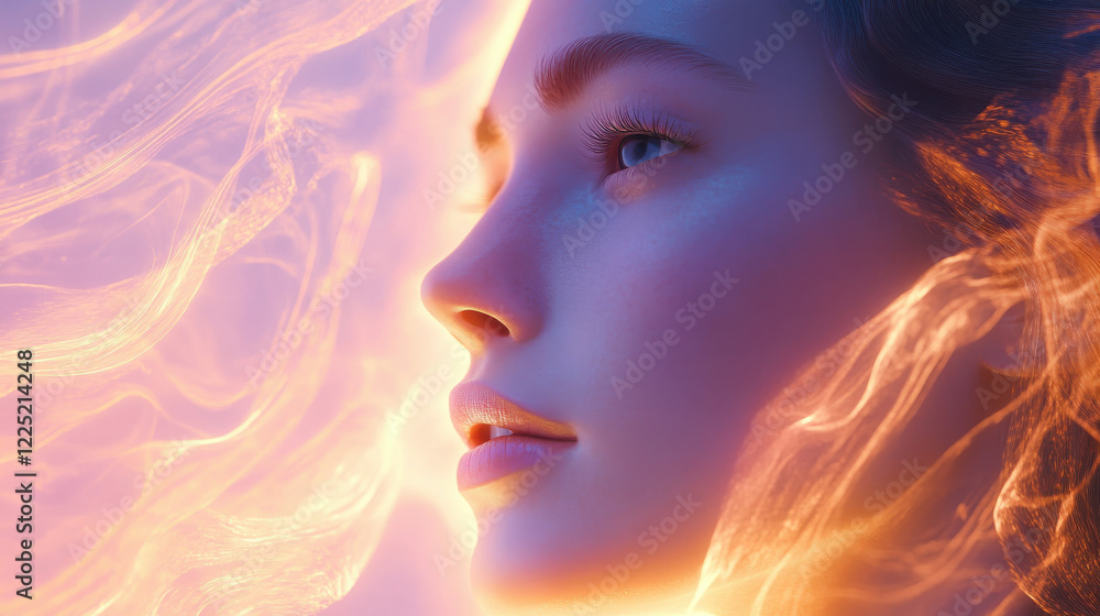 A captivating close-up of a woman with a luminous aura, with vivid, flowing trails of light swirling around her A captivating close-up of a woman with a luminous aura, with vivid, flowing trails of light swirling around her