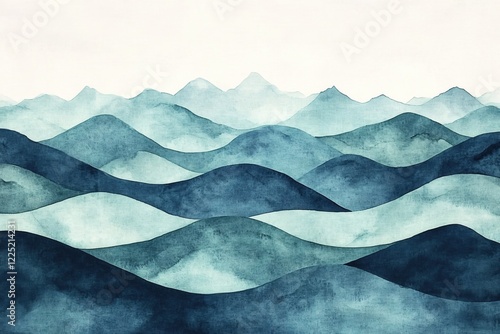 Wallpaper Mural Watercolor Mountain Range in Shades of Blue and Teal with a Textured Canvas Background Torontodigital.ca