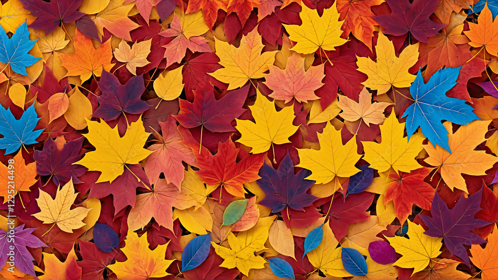 Vibrant Close-Up of Colorful Autumn Leaves in Red, Orange, Yellow, Blue – Serene and Peaceful Background Vibrant Close-Up of Colorful Autumn Leaves in Red, Orange, Yellow, Blue – Serene and Peaceful Background