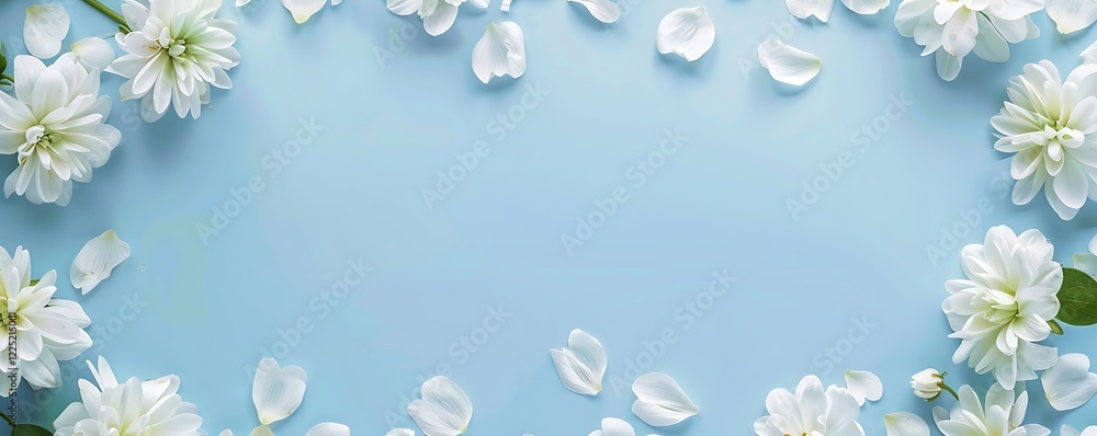 White flowers and scattered petals creating a border on a soft blue background, empty middle for copy space. Flat lay style. White flowers and scattered petals creating a border on a soft blue background, empty middle for copy space. Flat lay style.