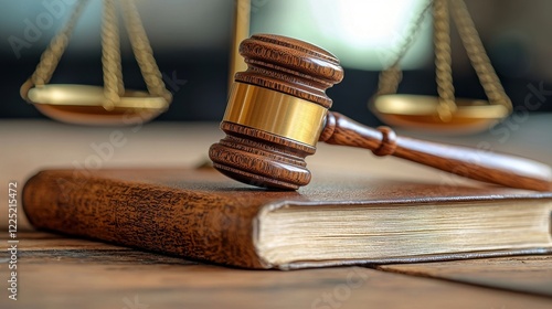 Justice Symbol with Gavel and Scales on Wooden Surface photo