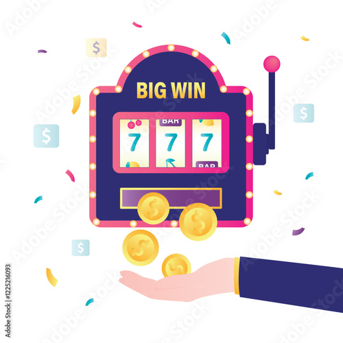 Casino slots machine, jackpot fortune of luck. Gambling banner with money, lottery generator. Lucky man hand take profit and catch money coins