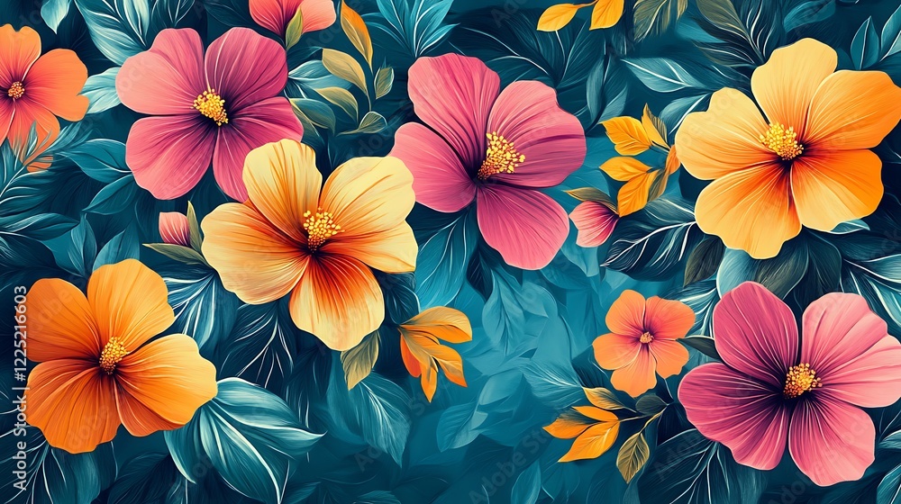 A bright summer floral pattern in teal pink background A bright summer floral pattern in teal pink background