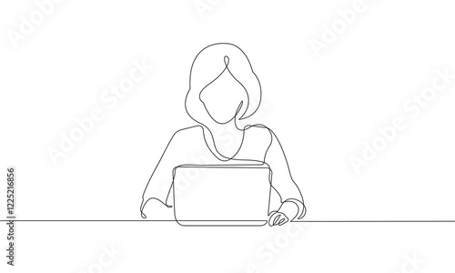 Continuous Line Drawing of Woman with Laptop in Sitting Pose. One Line Drawing of Woman Working. Business or Education Concept Single Line Vector Illustration.