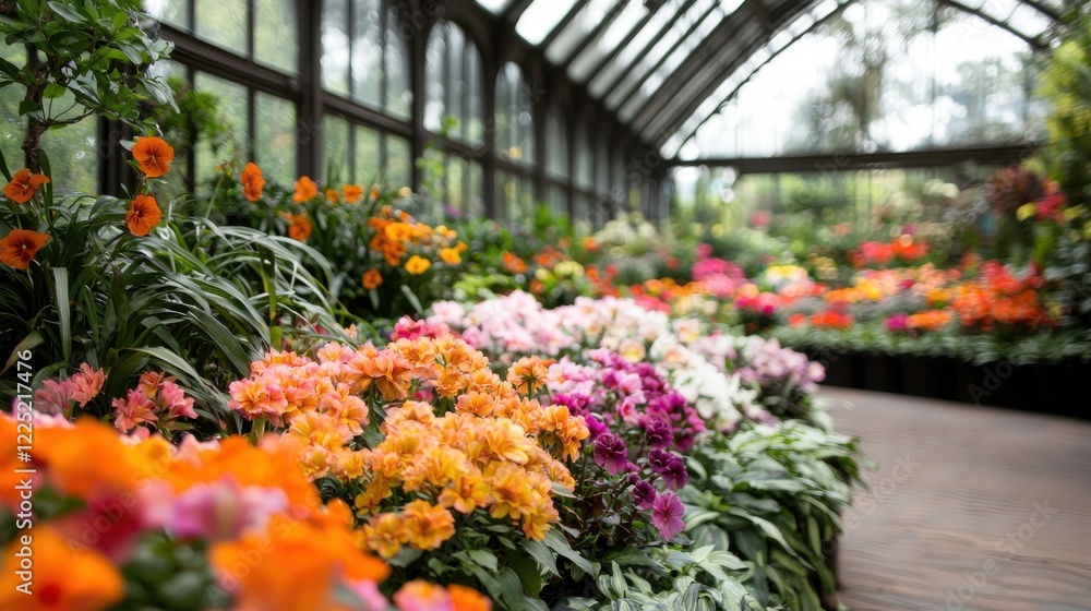 Fototapeta premium Colorful Tropical Greenhouse with Vibrant Floral Arrangement and Lush Foliage