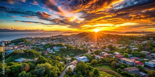 Honiara's hilly suburbs glow at dawn; a long exposure captures the eastward Solomon Islands panorama.