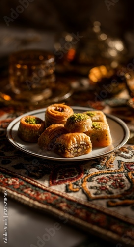 Assorted of traditional Ramadan sweets baklava and qatayef on ornate plate and rug. photo