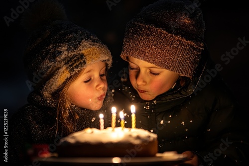 A sibling glaring at their younger brother blowing out birthday candles, their face shadowed and their eyes burning with jealousy and resentment photo