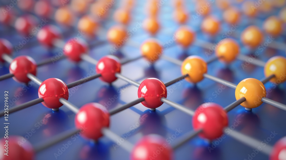 close up view of colorful atomic structure with red, orange, and yellow spheres connected by lines, representing molecular or crystalline arrangement close up view of colorful atomic structure with red, orange, and yellow spheres connected by lines, representing molecular or crystalline arrangement