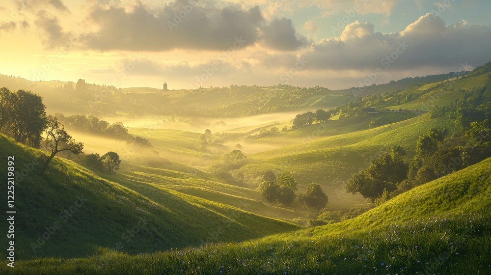 Obraz premium Sunlit misty valley landscape with rolling green hills and trees at sunrise.