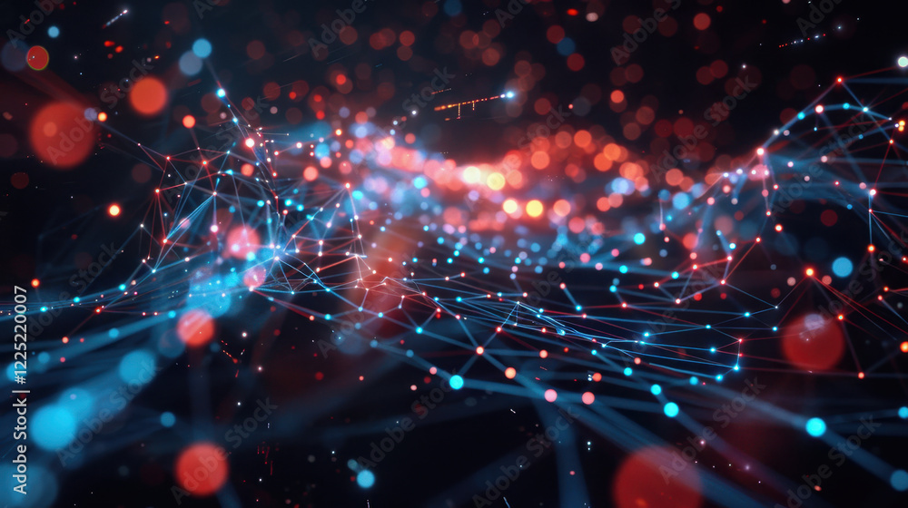 Abstract digital network with glowing blue and red nodes, representing data flow and connectivity in futuristic environment