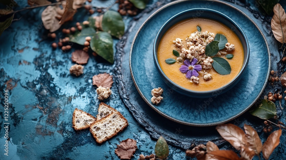 Autumn pumpkin soup, garnished, rustic table. Food blog, recipe Autumn pumpkin soup, garnished, rustic table. Food blog, recipe