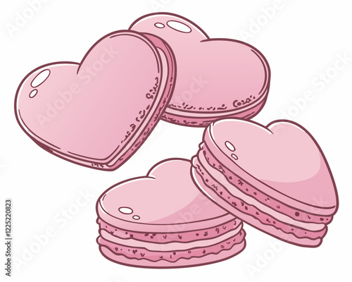 Heart shaped pink macaroons and cookies isolated on white background.