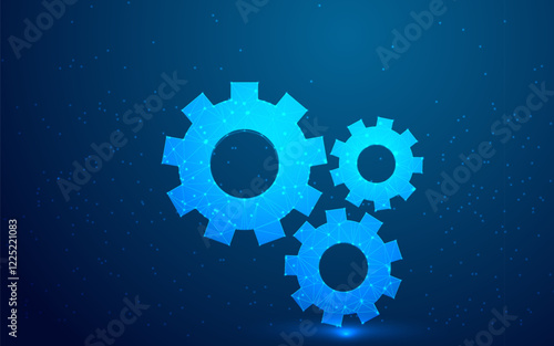 Technology Gears with Low Poly Background, Futuristic Digital Mechanism in Glowing Blue, Symbolizing Innovation, Automation, and Progress