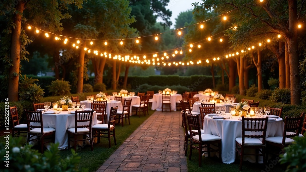 Fototapeta premium Romantic Garden Wedding Reception Under String Lights
