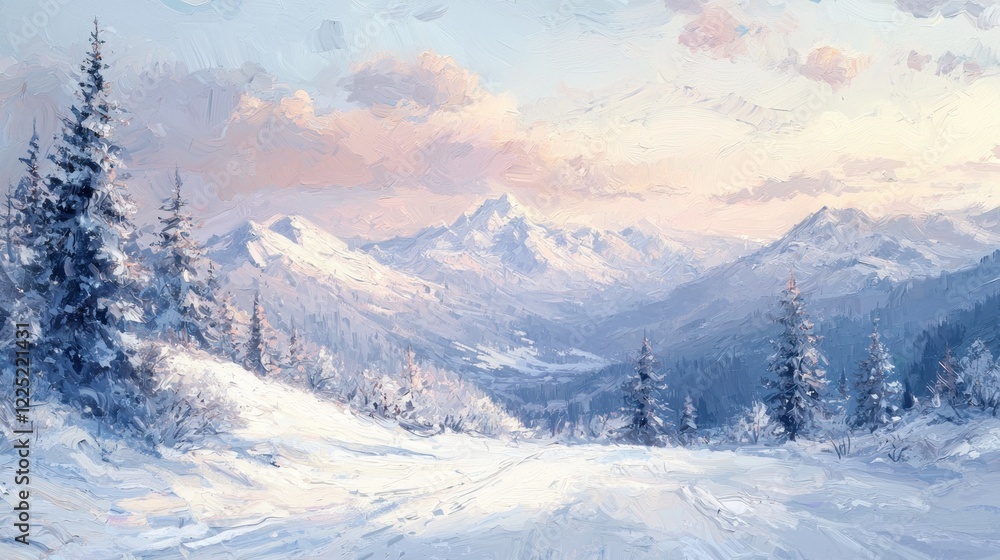 Fototapeta premium Serene winter sunrise over snow-covered mountains and evergreen trees.