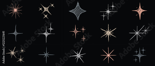 Hand drawn star sparkle shine of doodle set.Vector chalk graphic elements Charcoal pen drawn star shine glow, spark glitter, sparkle light.  vector illustration black background