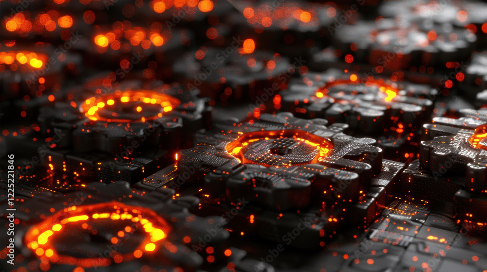 Abstract digital background with glowing gears and particles, showcasing futuristic design. vibrant orange glow contrasts with dark surface, creating captivating visual effect Abstract digital background with glowing gears and particles, showcasing futuristic design. vibrant orange glow contrasts with dark surface, creating captivating visual effect