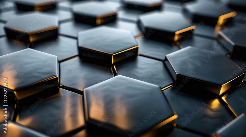 Obraz premium Sleek black hexagonal tiles with glossy finish, reflecting light beautifully. modern design creates striking visual effect, perfect for contemporary backgrounds