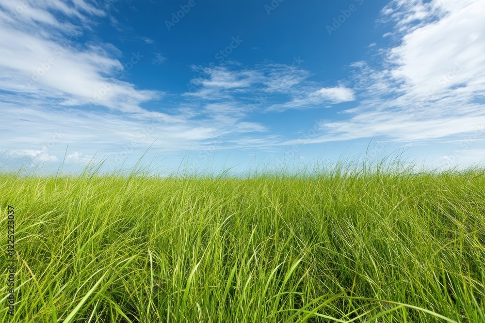 Experience the tranquility of a warm breeze gently swaying tall grass in an open field, pure outdoor calm A picturesque landscape with vibrant green blades of grass reaching towards a brilliant blue Experience the tranquility of a warm breeze gently swaying tall grass in an open field, pure outdoor calm A picturesque landscape with vibrant green blades of grass reaching towards a brilliant blue
