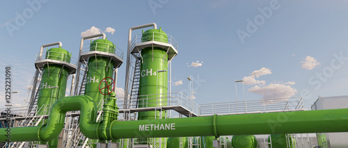 Methane (or biogas) facility is designed to produce methane gas through the breakdown of organic materials in an oxygen-free environment. Concept of biogas as a clean fuel. 3D illustration