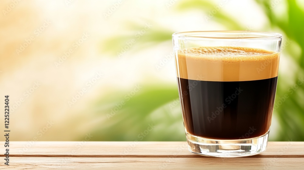 Close-up of a freshly brewed espresso in a clear glass on a wooden surface with lush greenery behind Close-up of a freshly brewed espresso in a clear glass on a wooden surface with lush greenery behind