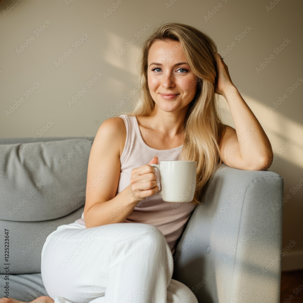 Young Caucasian woman relaxing on couch with coffee in sunlit room Young Caucasian woman relaxing on couch with coffee in sunlit room