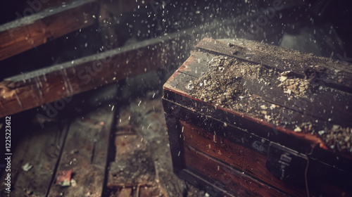 weathered wooden treasure chest covered in dust and debris, surrounded by dimly lit, rustic environment. atmosphere evokes sense of mystery and adventure