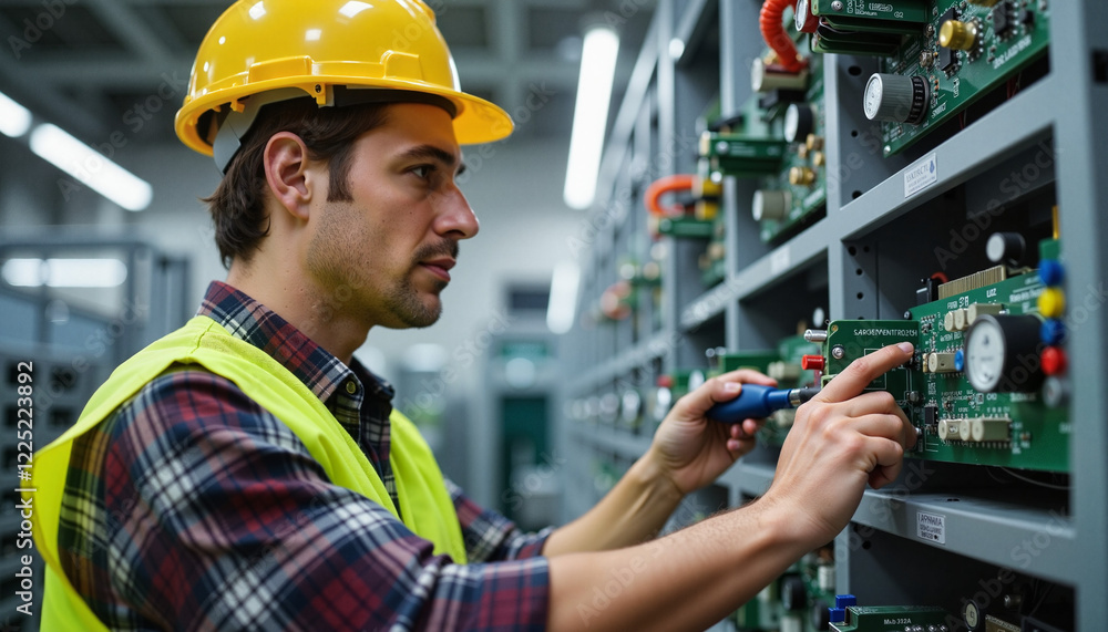 Electrician inspecting a circuit board in an industrial setting wearing safety gear under overhead lighting, Labor Day
Electrician inspecting a circuit board in an industrial setting wearing safety gear under overhead lighting, Labor Day