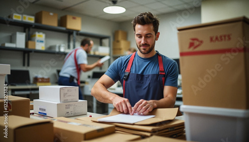 Postal worker sorting mail and preparing packages in a post office during early morning hours with artificial lighting, Labor Day