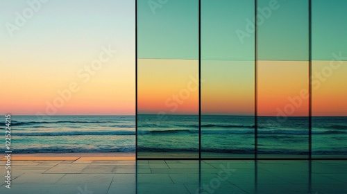 Ocean sunset view through glass panels.
