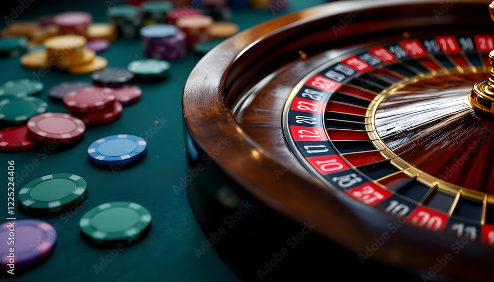Obraz premium Close up of a roulette wheel in a casino, with chips.