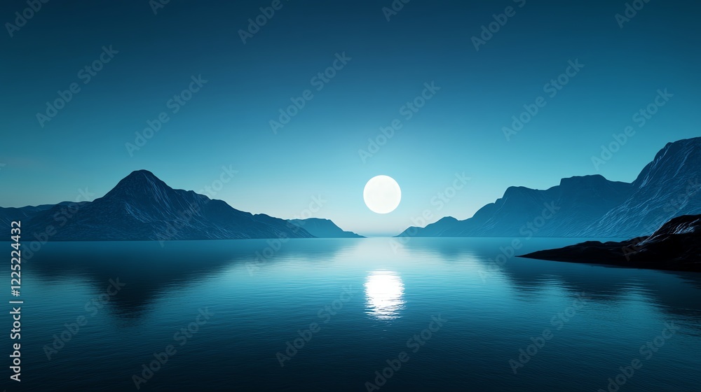 Moonlit shore, waves glowing softly under a full moon, 3D illustration Moonlit shore, waves glowing softly under a full moon, 3D illustration