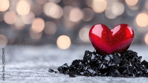 Red heart atop dark rocks, bokeh background; Valentine's Day card