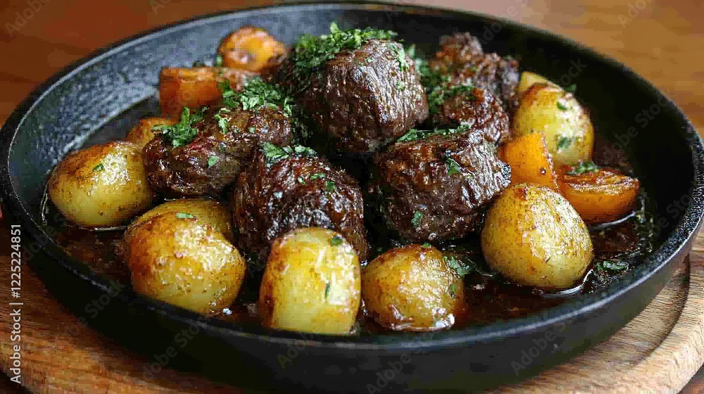 Beef stew potatoes, restaurant, wooden table, delicious meal Beef stew potatoes, restaurant, wooden table, delicious meal
