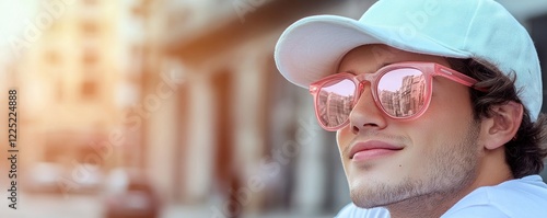 Stylish man wearing pink sunglasses, a modern accessory trend Cool and trendy reflective lenses add to the cool style Angular red sunglasses with reflective lenses create an edgy look in this urban photo