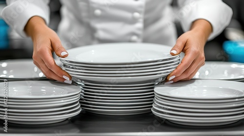 Chef Arranging Stacks of Clean White Plates in a Restaurant Kitchen photo