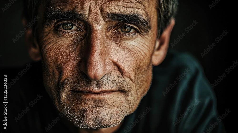 Close-up portrait of a weathered, middle-aged man with intense gaze. Close-up portrait of a weathered, middle-aged man with intense gaze.