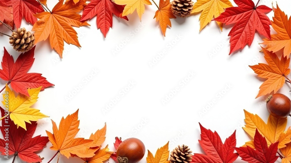 Autumn Leaf Frame, Flowers, Chestnuts, Pine Cones - White Background Autumn Leaf Frame, Flowers, Chestnuts, Pine Cones - White Background