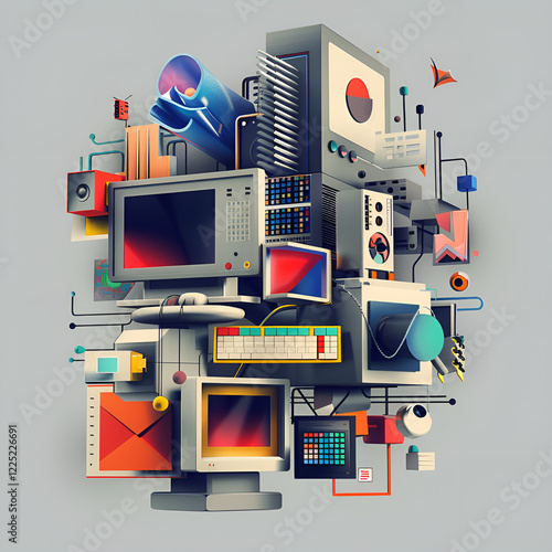 Stylized Retro Computer Components Collage in Vibrant Red and Blue Tones Representing Digital Evolution