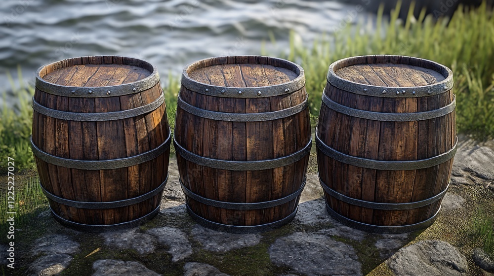 Fototapeta premium Three wooden barrels stand on a rocky shore with water in background rustic outdoor scene
