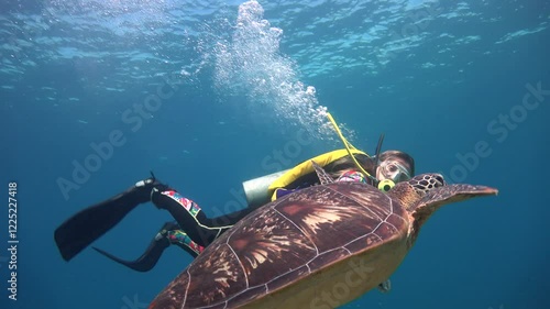 Diving with sea turtles near the islands of Apo and Negros. Philippines.    